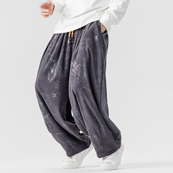 Buddha Stones Winter Dragon Phoenix Pattern Cotton Corduroy Men's Harem Pants With Pockets - image 29