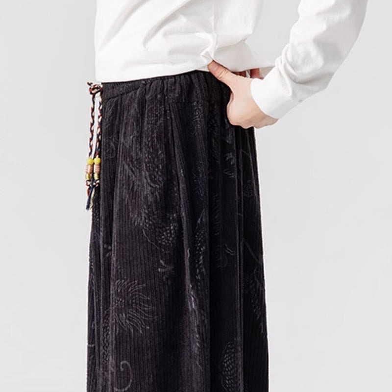 Buddha Stones Winter Dragon Phoenix Pattern Cotton Corduroy Men's Harem Pants With Pockets - image 38