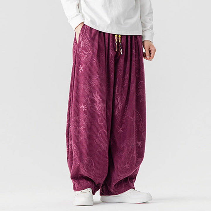 Buddha Stones Winter Dragon Phoenix Pattern Cotton Corduroy Men's Harem Pants With Pockets - image 12
