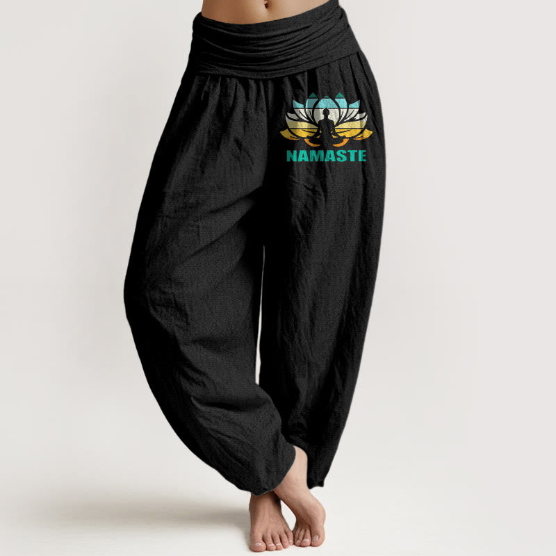 Buddha Stones "Namaste" Meditating Figure Lotus Pattern Women's Elastic Waist Harem Pure Cotton Pants - Black - US16，UK/AU20，EU48 (3XL) - image 0
