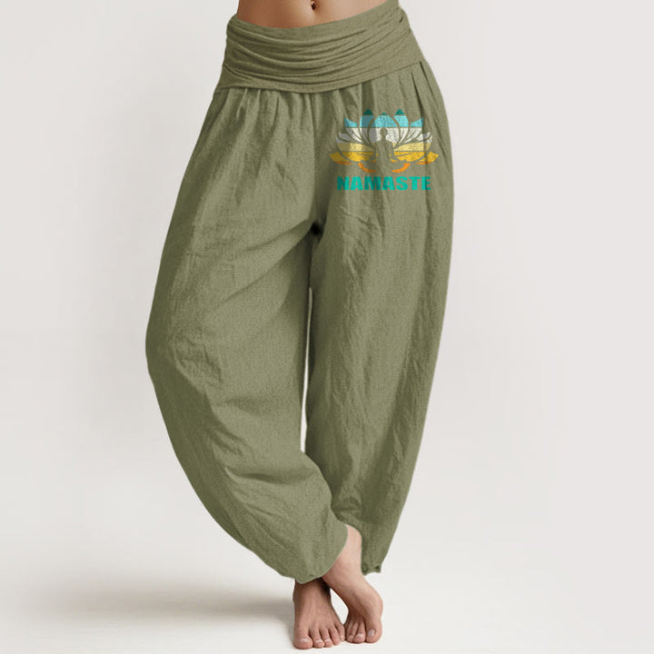 Buddha Stones "Namaste" Meditating Figure Lotus Pattern Women's Elastic Waist Harem Pure Cotton Pants - OliveDrab - US16，UK/AU20，EU48 (3XL) - image 14