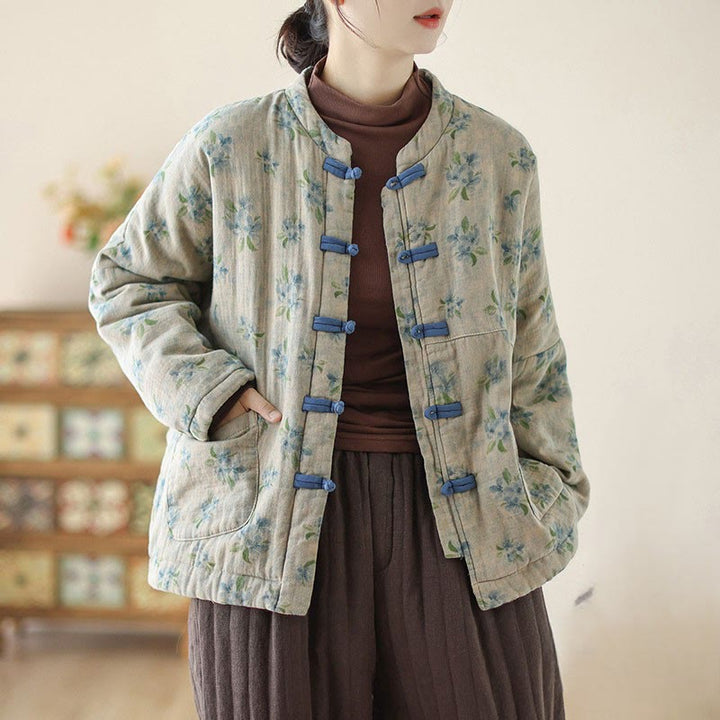 Buddha Stones Women's Long Sleeve Thermal Cotton Printed Florwer Pattern Jacket With Pockets - SteelBlue - US14，UK/AU18，EU46 (2XL) - image 11