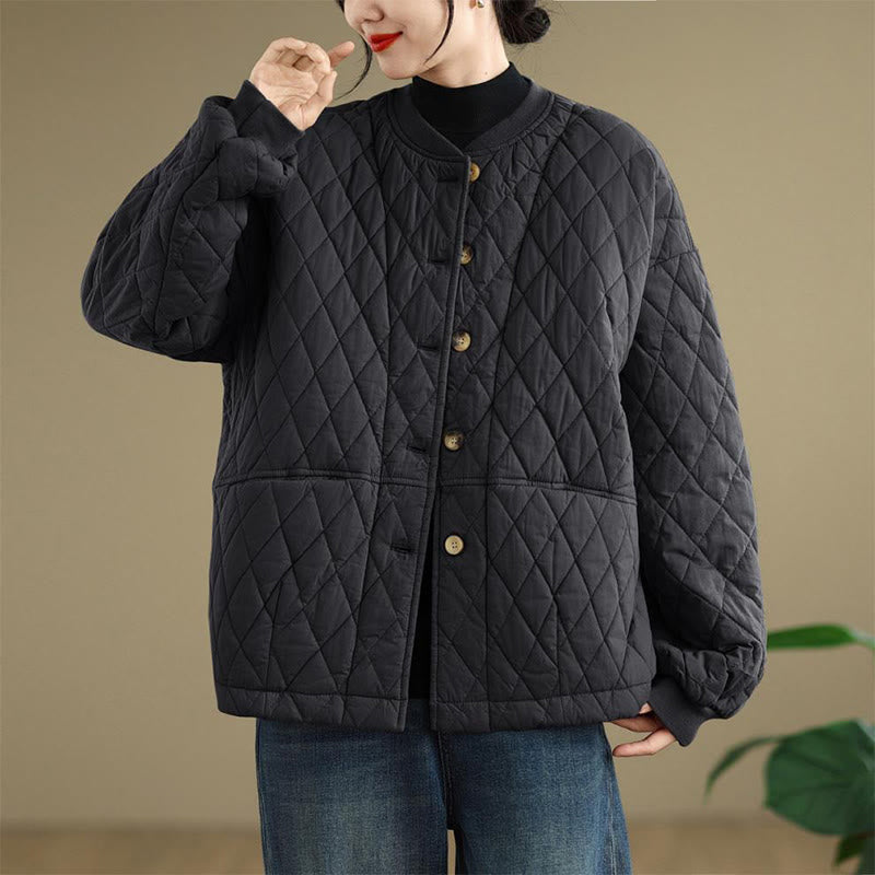 Buddha Stones Diamond Grid Pattern Women's Long Sleeve Cotton Thickened Jacket With Pockets - image 3