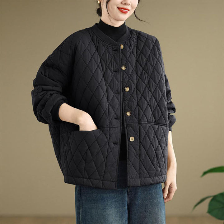 Buddha Stones Diamond Grid Pattern Women's Long Sleeve Cotton Thickened Jacket With Pockets - image 1