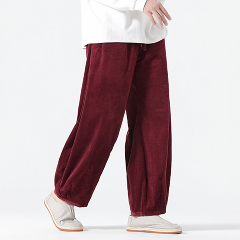 Buddha Stones Spring Pure Color Drawstring Design Corduroy Cotton Men's Harem Pants With Pockets - image 22
