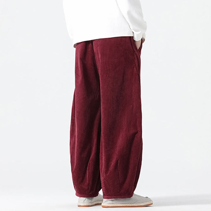 Buddha Stones Spring Pure Color Drawstring Design Corduroy Cotton Men's Harem Pants With Pockets - image 20