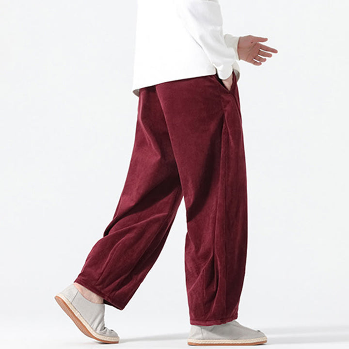 Buddha Stones Spring Pure Color Drawstring Design Corduroy Cotton Men's Harem Pants With Pockets - image 21