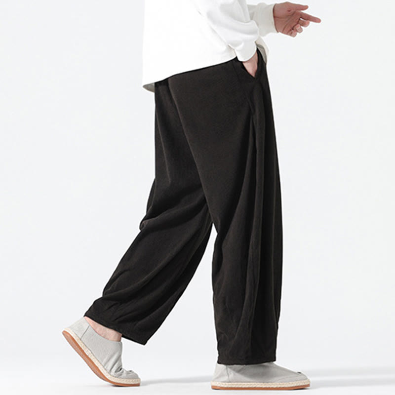 Buddha Stones Spring Pure Color Drawstring Design Corduroy Cotton Men's Harem Pants With Pockets - image 14