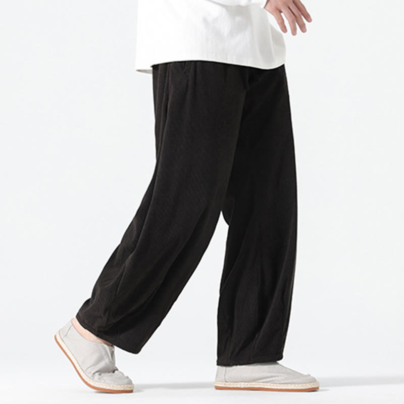 Buddha Stones Spring Pure Color Drawstring Design Corduroy Cotton Men's Harem Pants With Pockets - image 13