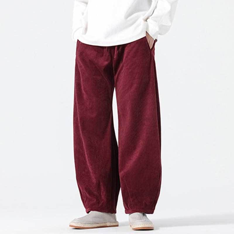 Buddha Stones Spring Pure Color Drawstring Design Corduroy Cotton Men's Harem Pants With Pockets - image 19