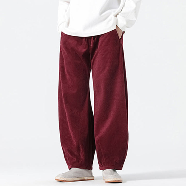 Buddha Stones Spring Pure Color Drawstring Design Corduroy Cotton Men's Harem Pants With Pockets - image 19
