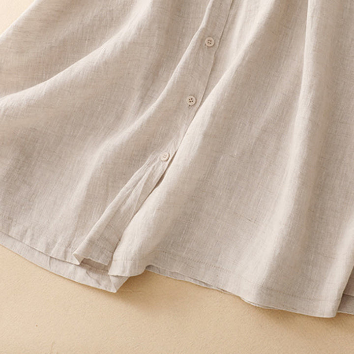 Buddha Stones Beige Buttons Lapel Design Long Sleeve Cotton Midi Dress With Pockets - image 6