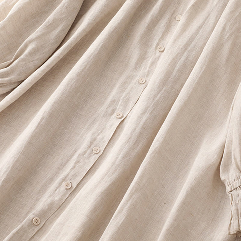 Buddha Stones Beige Buttons Lapel Design Long Sleeve Cotton Midi Dress With Pockets - image 5