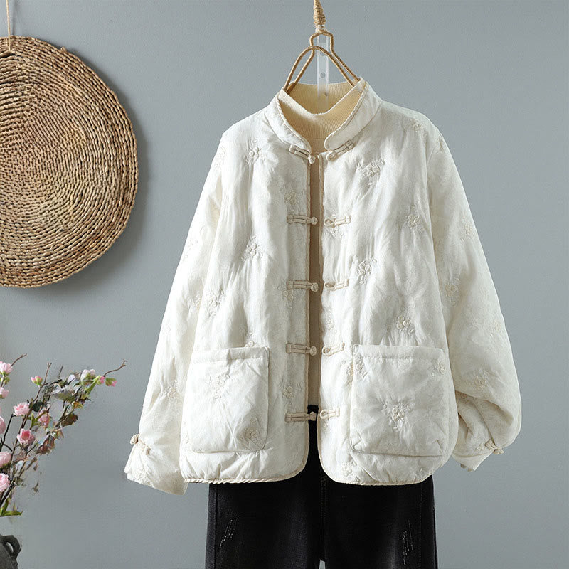 Buddha Stones Floral Frog-Button Stand Collar Women's Long Sleeve Thick Jacket With Pockets - Ivory - US8-10，UK/AU12-14，EU40-42 (2XL) - image 0