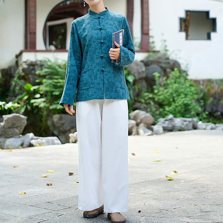 Buddha Stones Frog-Button Long Sleeve Cotton Jacquard Women's Shirt Pants With Pockets - image 4