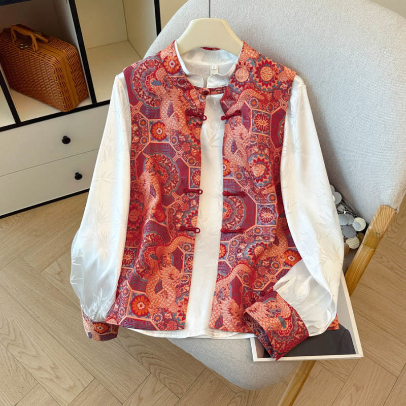 Buddha Stones Frog-Button Dragon Flower Bamboo Jacquard Design Women's Vest Waistcoat Shirt - image 0