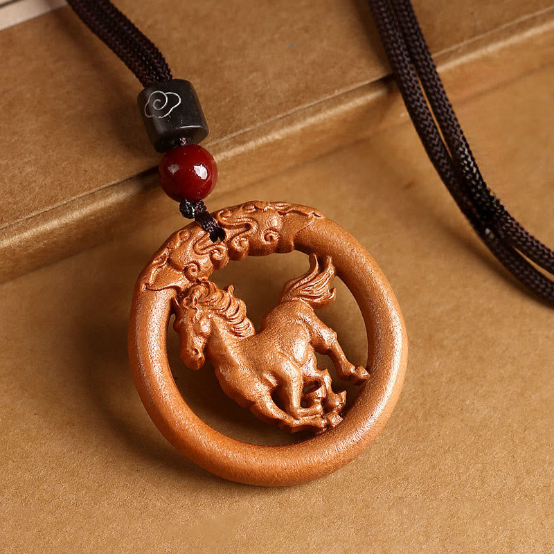 Buddha Stones Peach Wood Chinese Zodiac Year Of The Horse Ward Off Evil Spirits Necklace Pendants - Peach Wood-Horse - Brown Rope - image 0