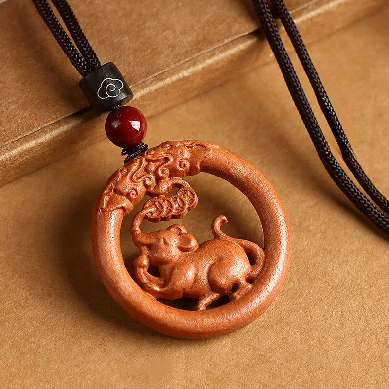 Buddha Stones Peach Wood Chinese Zodiac Year Of The Horse Ward Off Evil Spirits Necklace Pendants - Peach Wood-Rat - Brown Rope - image 13
