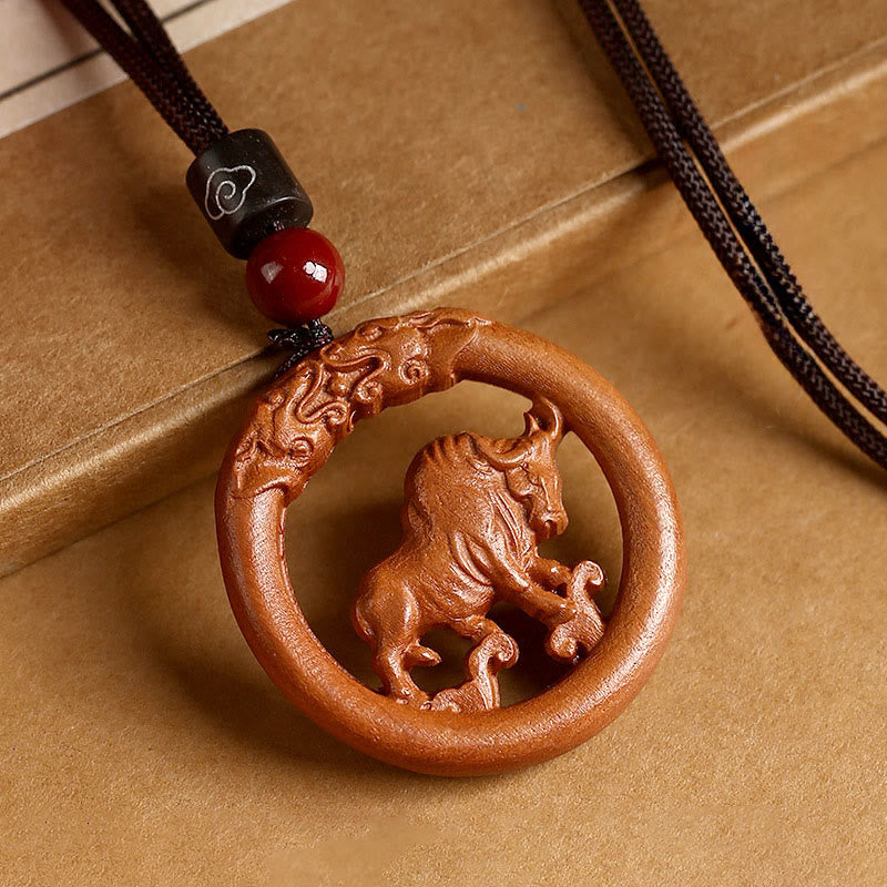 Buddha Stones Peach Wood Chinese Zodiac Year Of The Horse Ward Off Evil Spirits Necklace Pendants - Peach Wood-Ox - Brown Rope - image 15