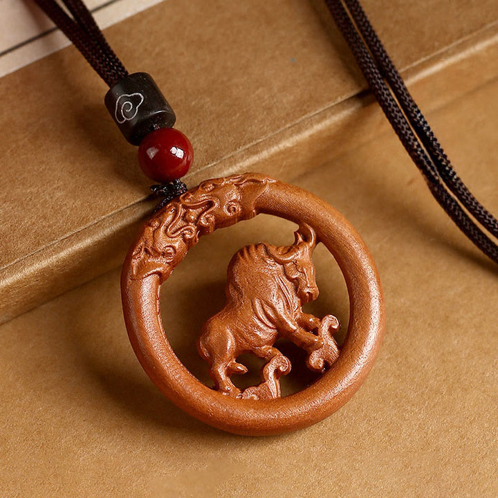 Buddha Stones Peach Wood Chinese Zodiac Year Of The Horse Ward Off Evil Spirits Necklace Pendants - Peach Wood-Ox - Brown Rope - image 15