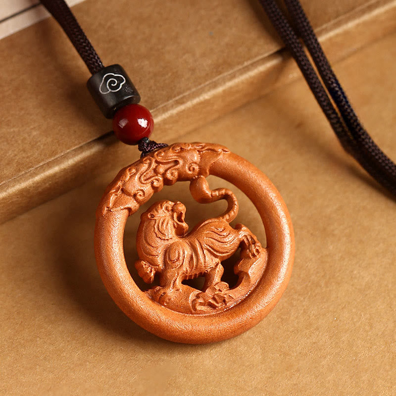 Buddha Stones Peach Wood Chinese Zodiac Year Of The Horse Ward Off Evil Spirits Necklace Pendants - Peach Wood-Tiger - Brown Rope - image 17