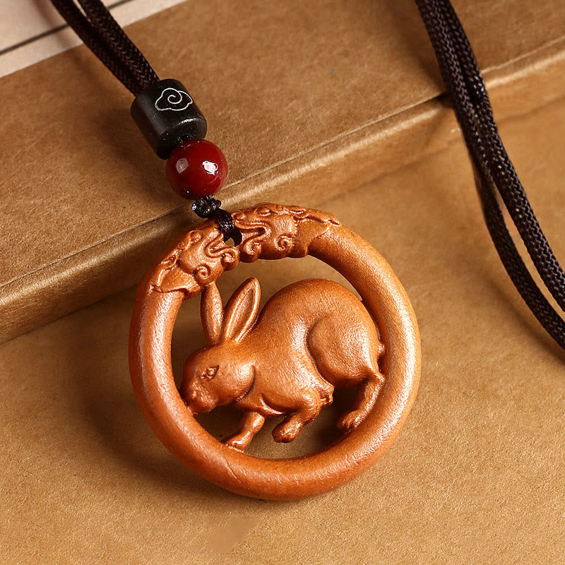 Buddha Stones Peach Wood Chinese Zodiac Year Of The Horse Ward Off Evil Spirits Necklace Pendants - Peach Wood-Rabbit - Brown Rope - image 19