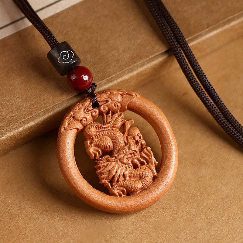 Buddha Stones Peach Wood Chinese Zodiac Year Of The Horse Ward Off Evil Spirits Necklace Pendants - Peach Wood-Dragon - Brown Rope - image 21