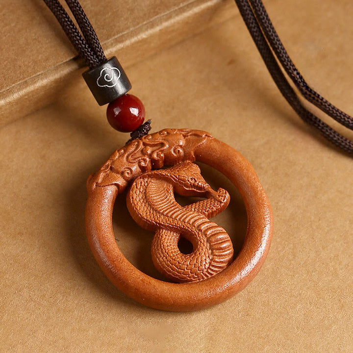 Buddha Stones Peach Wood Chinese Zodiac Year Of The Horse Ward Off Evil Spirits Necklace Pendants - Peach Wood-Snake - Brown Rope - image 23