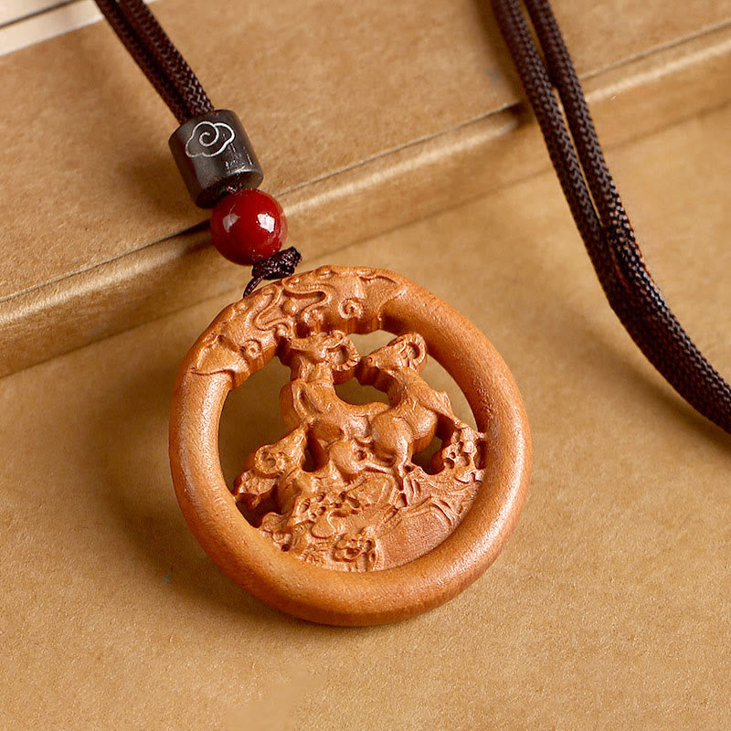 Buddha Stones Peach Wood Chinese Zodiac Year Of The Horse Ward Off Evil Spirits Necklace Pendants - Peach Wood-Goat - Brown Rope - image 25
