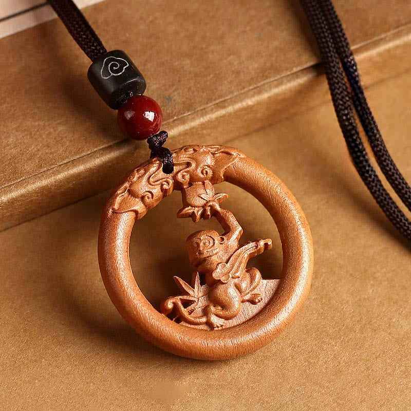 Buddha Stones Peach Wood Chinese Zodiac Year Of The Horse Ward Off Evil Spirits Necklace Pendants - Peach Wood-Monkey - Brown Rope - image 27