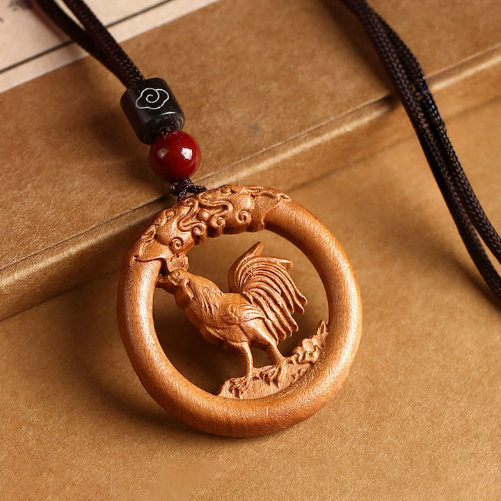 Buddha Stones Peach Wood Chinese Zodiac Year Of The Horse Ward Off Evil Spirits Necklace Pendants - Peach Wood-Rooster - Brown Rope - image 29