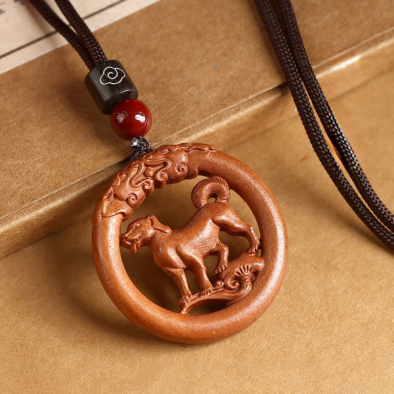 Buddha Stones Peach Wood Chinese Zodiac Year Of The Horse Ward Off Evil Spirits Necklace Pendants - Peach Wood-Dog - Brown Rope - image 31