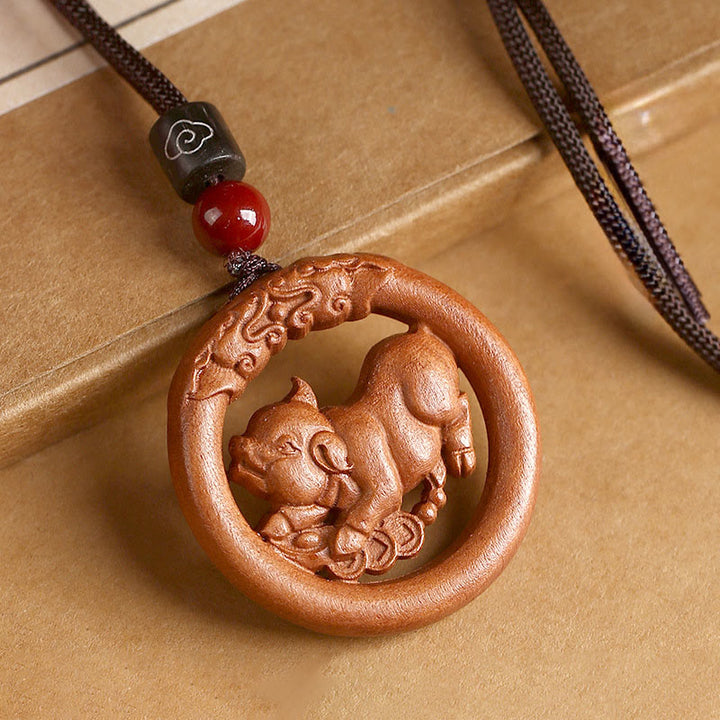 Buddha Stones Peach Wood Chinese Zodiac Year Of The Horse Ward Off Evil Spirits Necklace Pendants - Peach Wood-Pig - Brown Rope - image 33