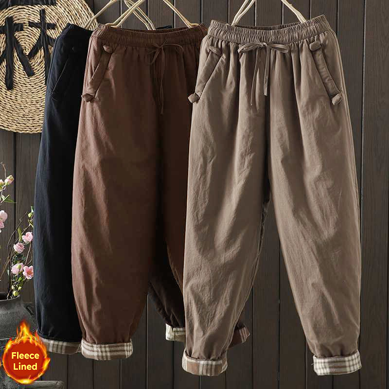 Buddha Stones Women's Winter Drawstring Fleece-Lined Thermal Harem Pants With Pockets - image 0