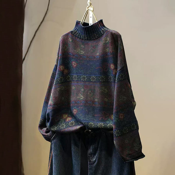 Buddha Stones Winter Color-block Flower Pattern Mock Neck Long Sleeve Women's Cotton Sweater - MidnightBlue - US4-6，UK/AU8-10，EU36-38 (F) - image 11