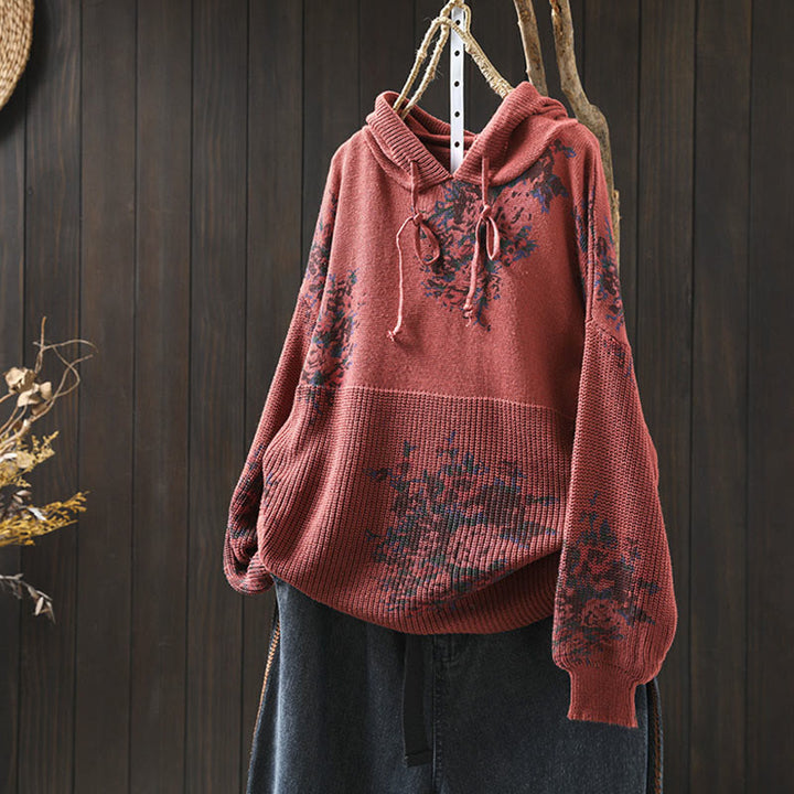 Buddha Stones Women's Knitted Floral Long Sleeve Hooded Sweater - Tomato - US4-6，UK/AU8-10，EU36-38 (F) - image 2