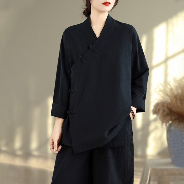 Buddha Stones 2Pcs V-Neck Long Sleeve Shirt Wide Leg Pants Zen Meditation Women's Set - image 18