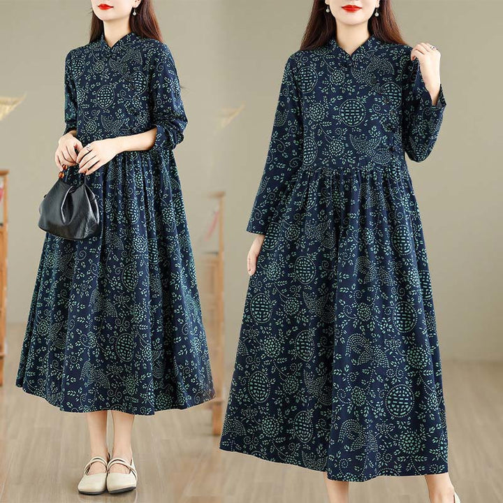 Buddha Stones Printed Floral Long Sleeve Stand Collar Cotton Maxi Dress With Pockets - image 0