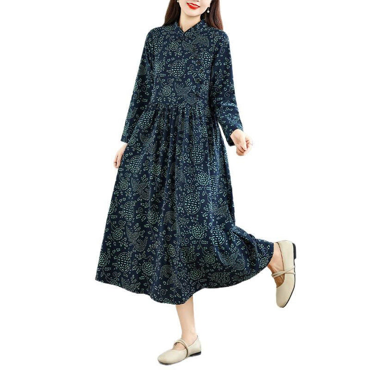 Buddha Stones Printed Floral Long Sleeve Stand Collar Cotton Maxi Dress With Pockets - image 10