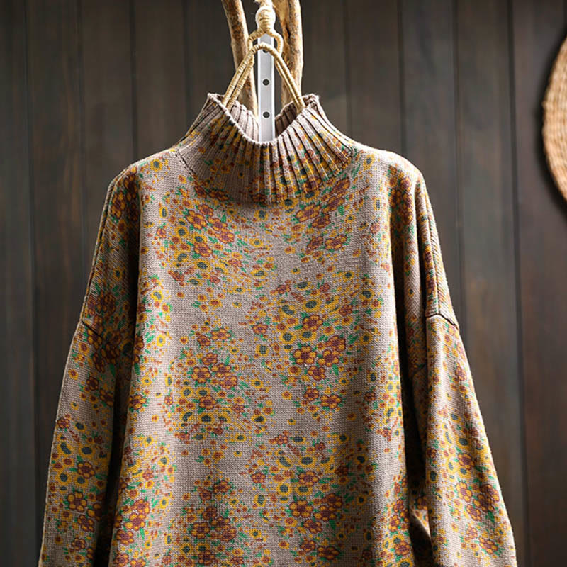 Buddha Stones Women's Knitted Floral Cotton Ribbed Hem Long Sleeve Mock Neck Sweater - image 17