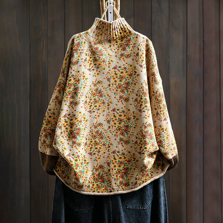 Buddha Stones Women's Knitted Floral Cotton Ribbed Hem Long Sleeve Mock Neck Sweater - image 1