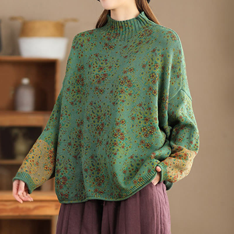 Buddha Stones Fall Printing Floral Long Sleeve Mock Neck Women's Knitted Cotton Sweater - image 16