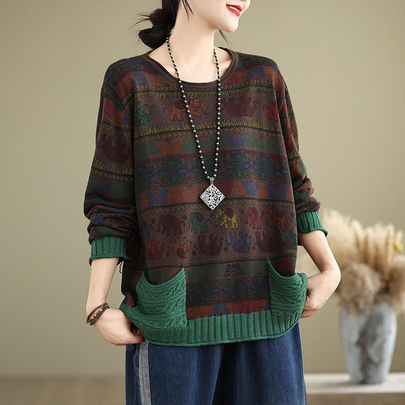 Buddha Stones Fall Elephant Pattern Knitted Cotton Women's Long Sleeve Sweater With Pockets - image 17