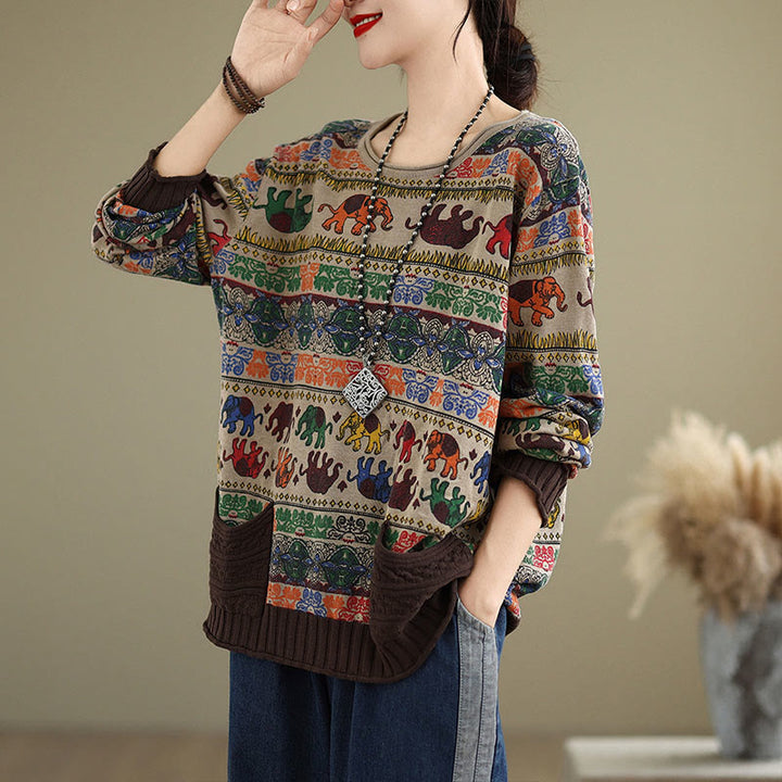 Buddha Stones Fall Elephant Pattern Knitted Cotton Women's Long Sleeve Sweater With Pockets - image 2