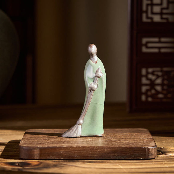 Buddha Stones Small Formless Buddha Sweeping Monk Ceramic Statue Home Decoration 3.5*1.5*7cm - image 1