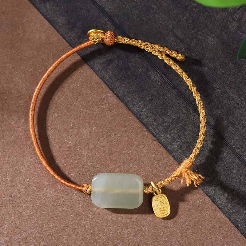 Buddha Stones 925 Sterling Silver Hetian Jade Prosperity Bracelet - Hetian Jade &  Yellow String(Wrist Circumference: 15-18cm) - image 5