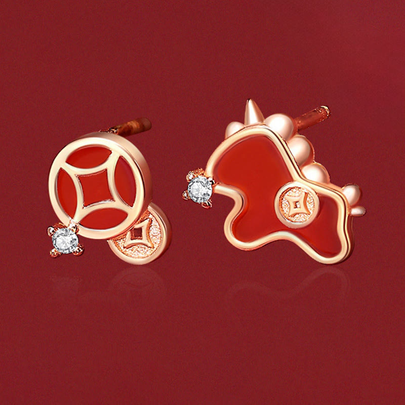 Buddha Stones 925 Sterling Silver Coin Red Agate Year Of The Horse Asymmetric Protection Earrings - image 2