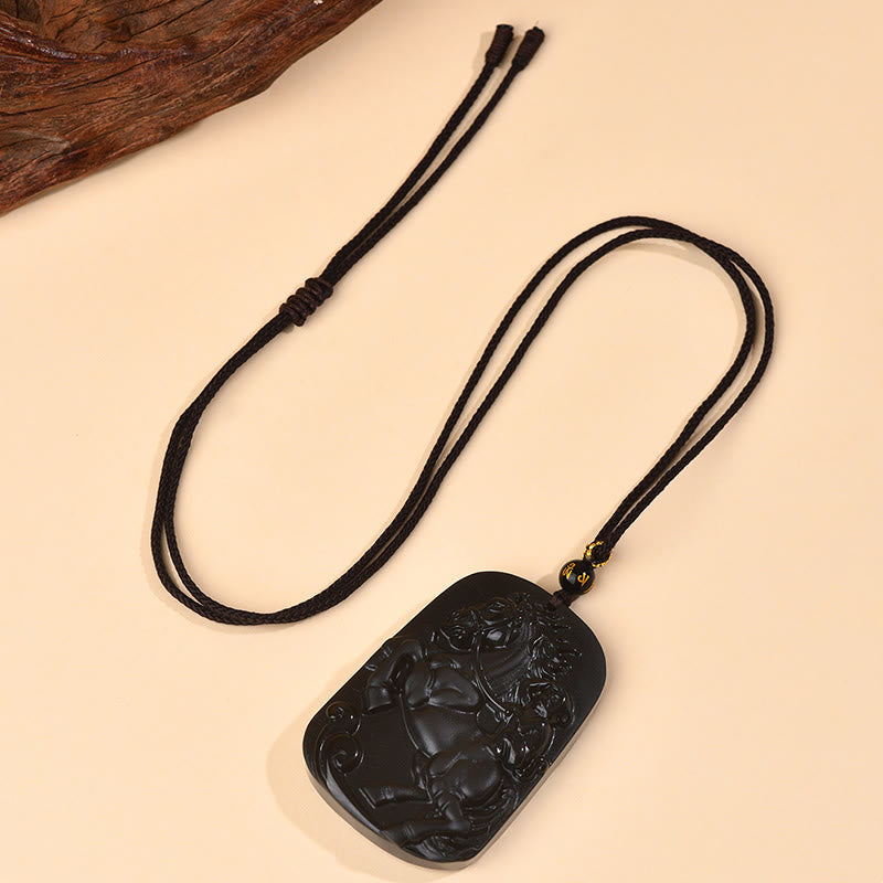 Buddha Stones Year of the Horse Natural Black Obsidian Strength Necklace Pendant - image 3