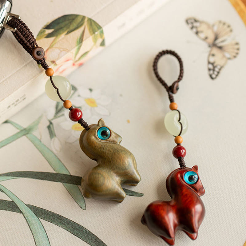 Buddha Stones Year of the Horse Small Leaf Red Sandalwood Green Sandalwood Ebony Wood Calm Key Chain - image 10