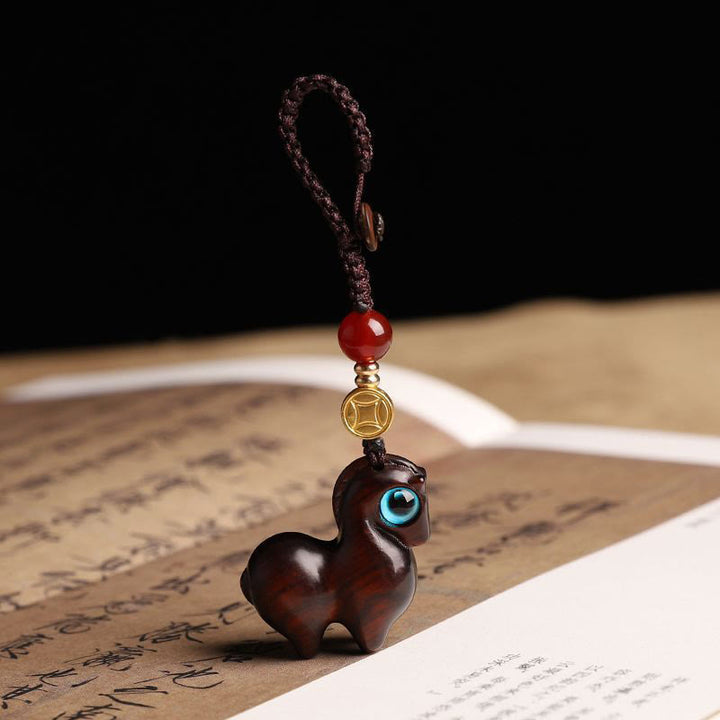 Buddha Stones Year of the Horse Small Leaf Red Sandalwood Calm Key Chain Phone Hanging Decoration - Small Leaf Red Sandalwood - Key Chain - image 0